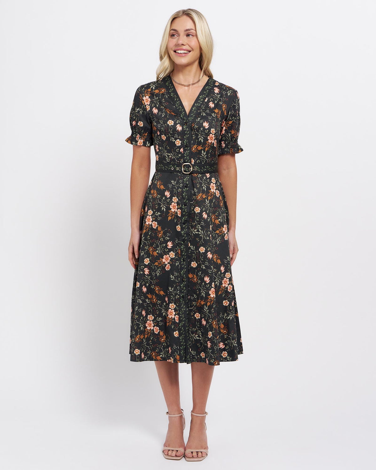 Wilma Women's Black Botanical Midi Dress