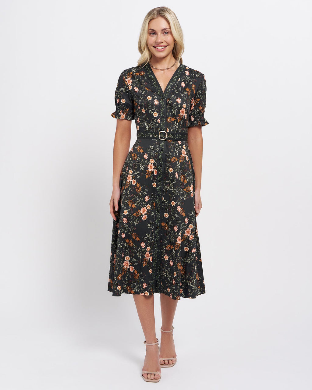 Wilma Women's Black Botanical Midi Dress