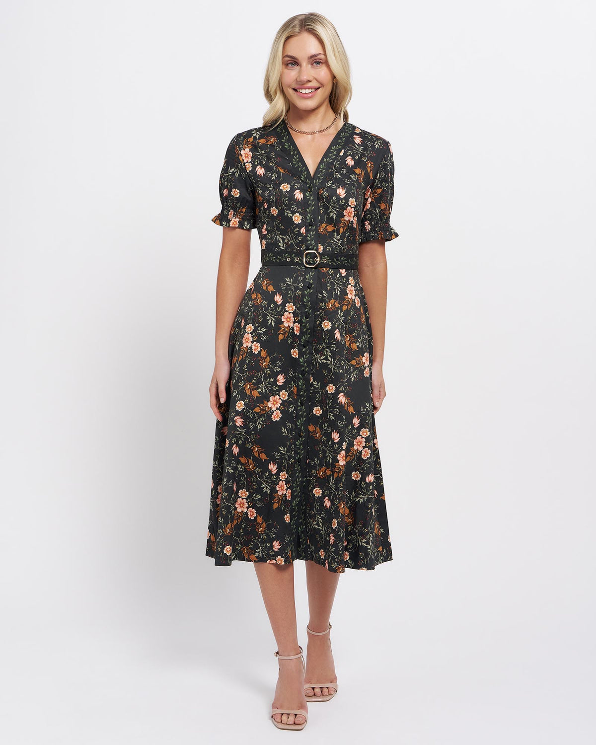 Wilma Women's Black Botanical Midi Dress
