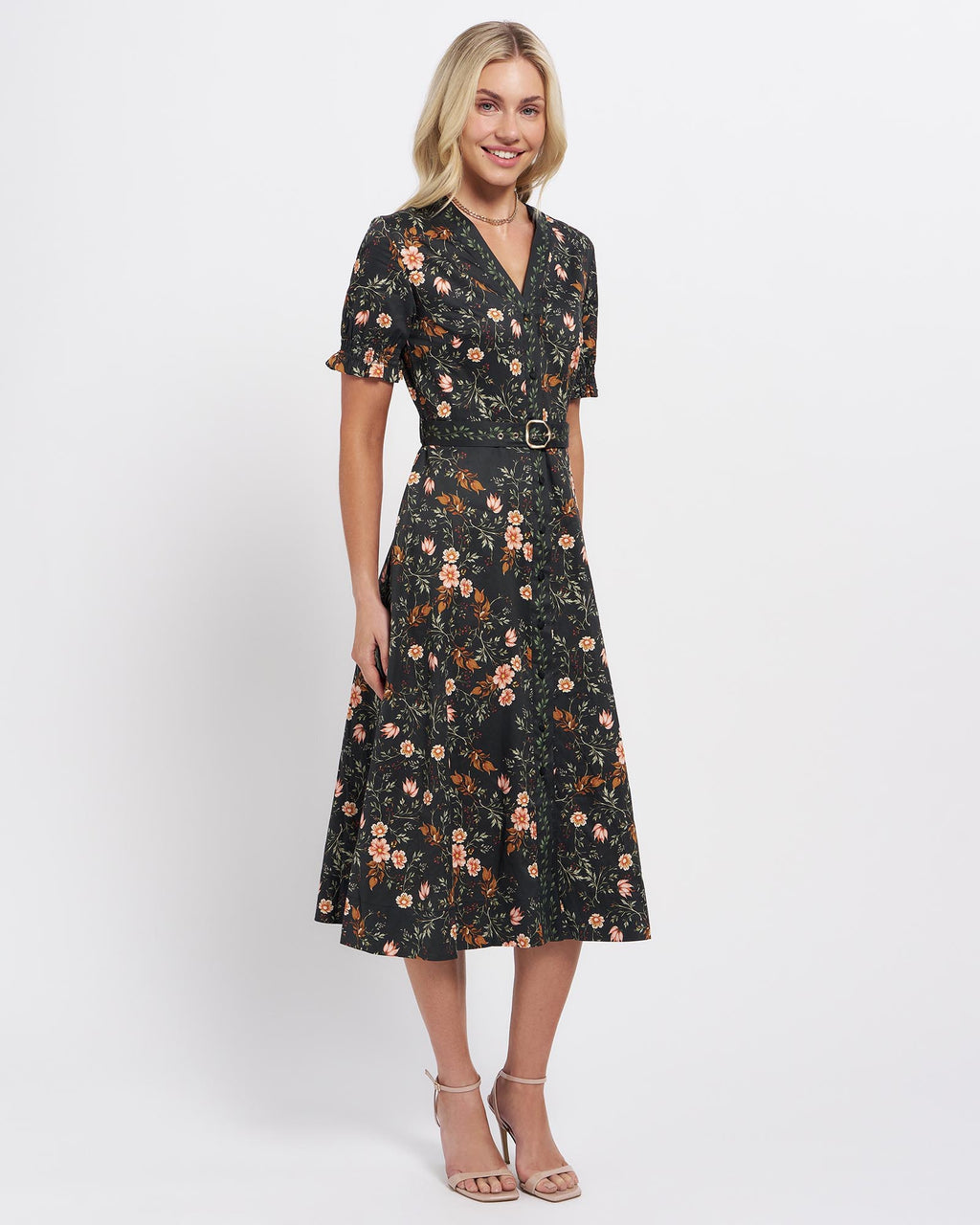 Wilma Women's Black Botanical Midi Dress