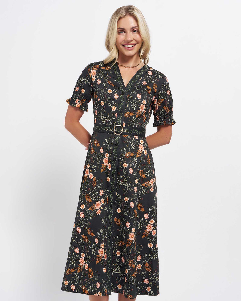 Wilma Women's Black Botanical Midi Dress