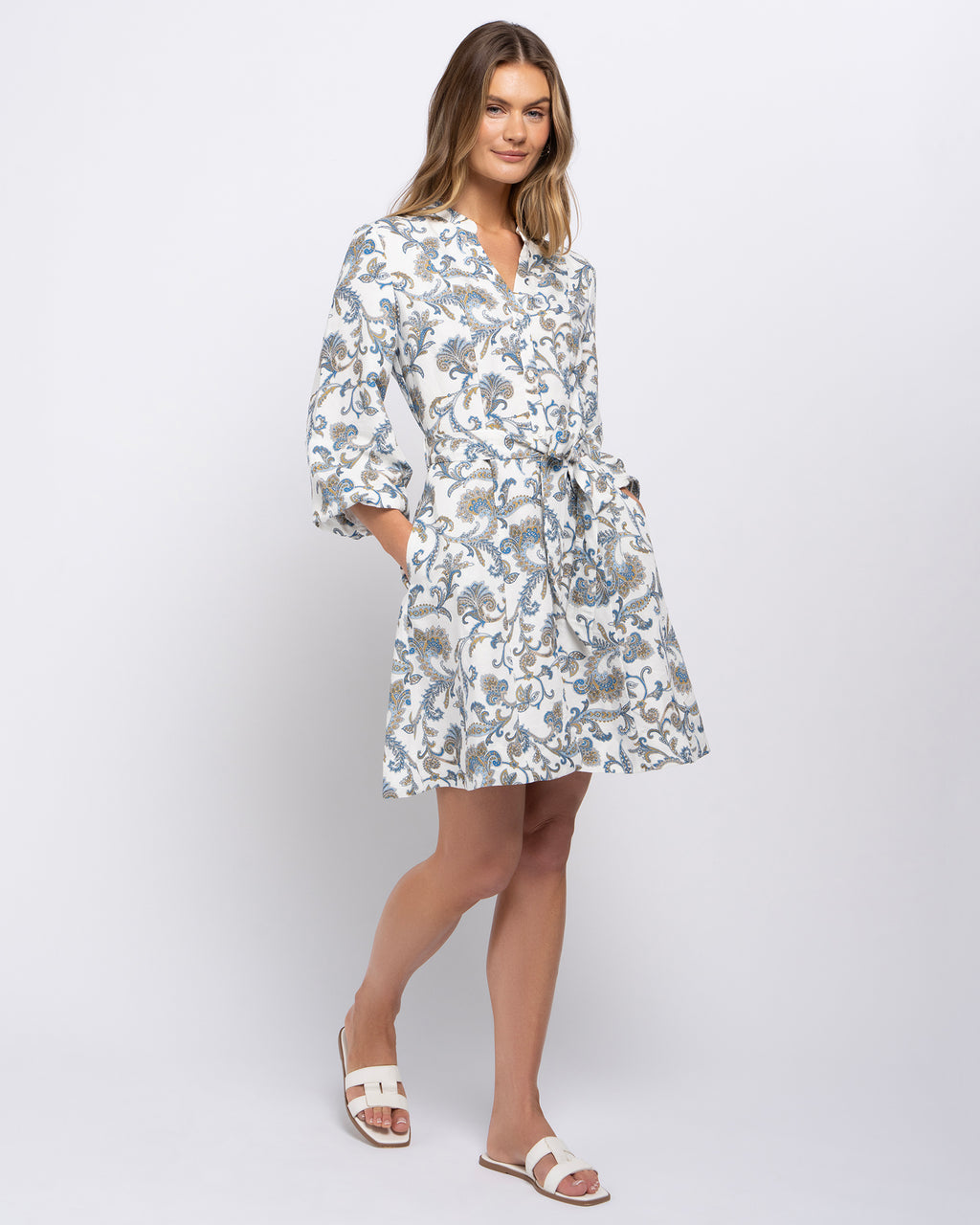 Paige Women's Linen Blend Dress in Blue Print