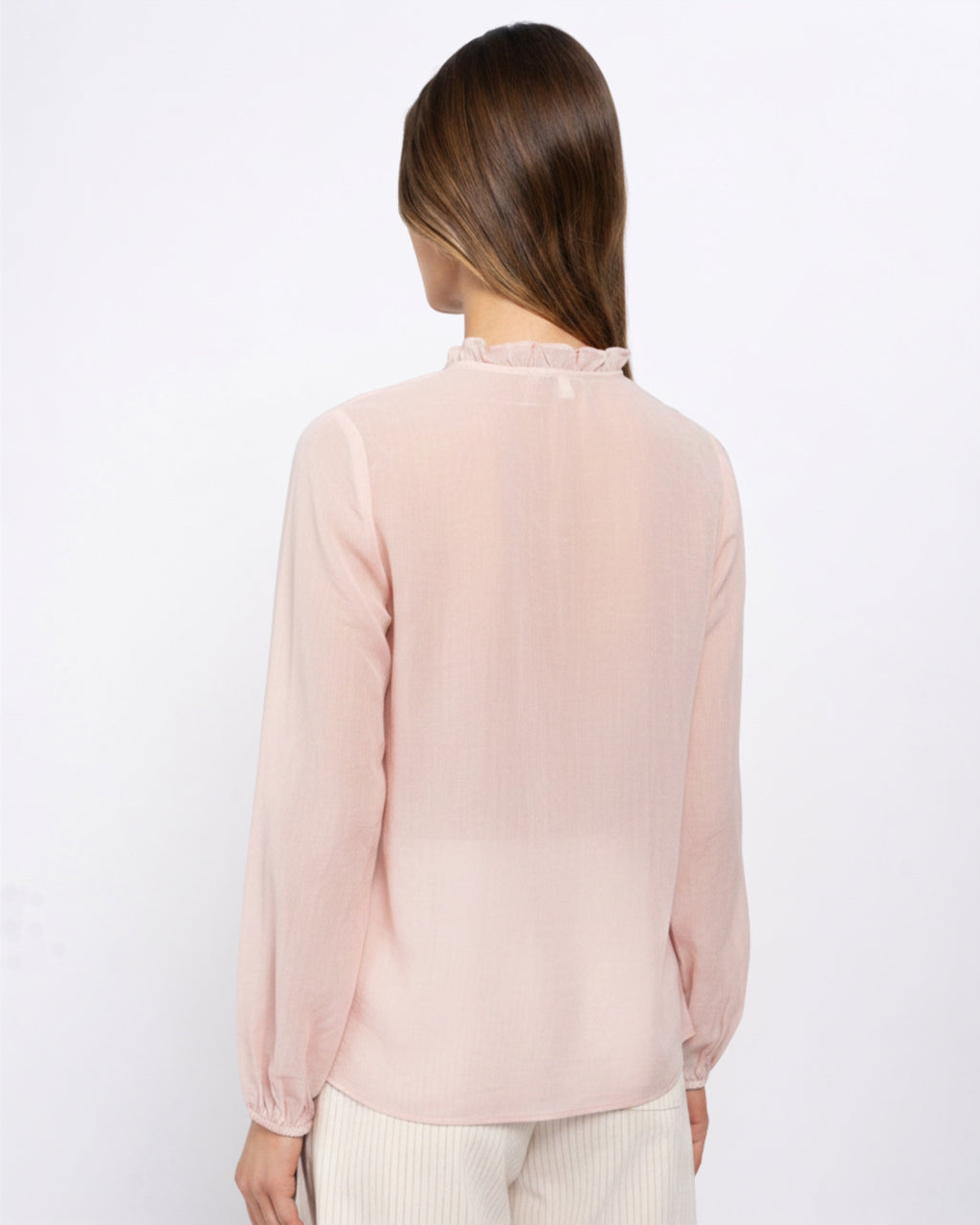Back view of the Khloe Top in Ballerina pink blouse, featuring a ruffled high neckline